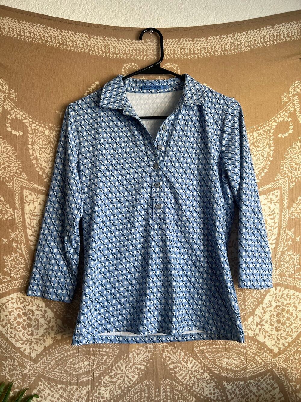 J.McLaughlin Catalina Cloth Geometric Print 3/4 Sleeve Popover Top Blue White